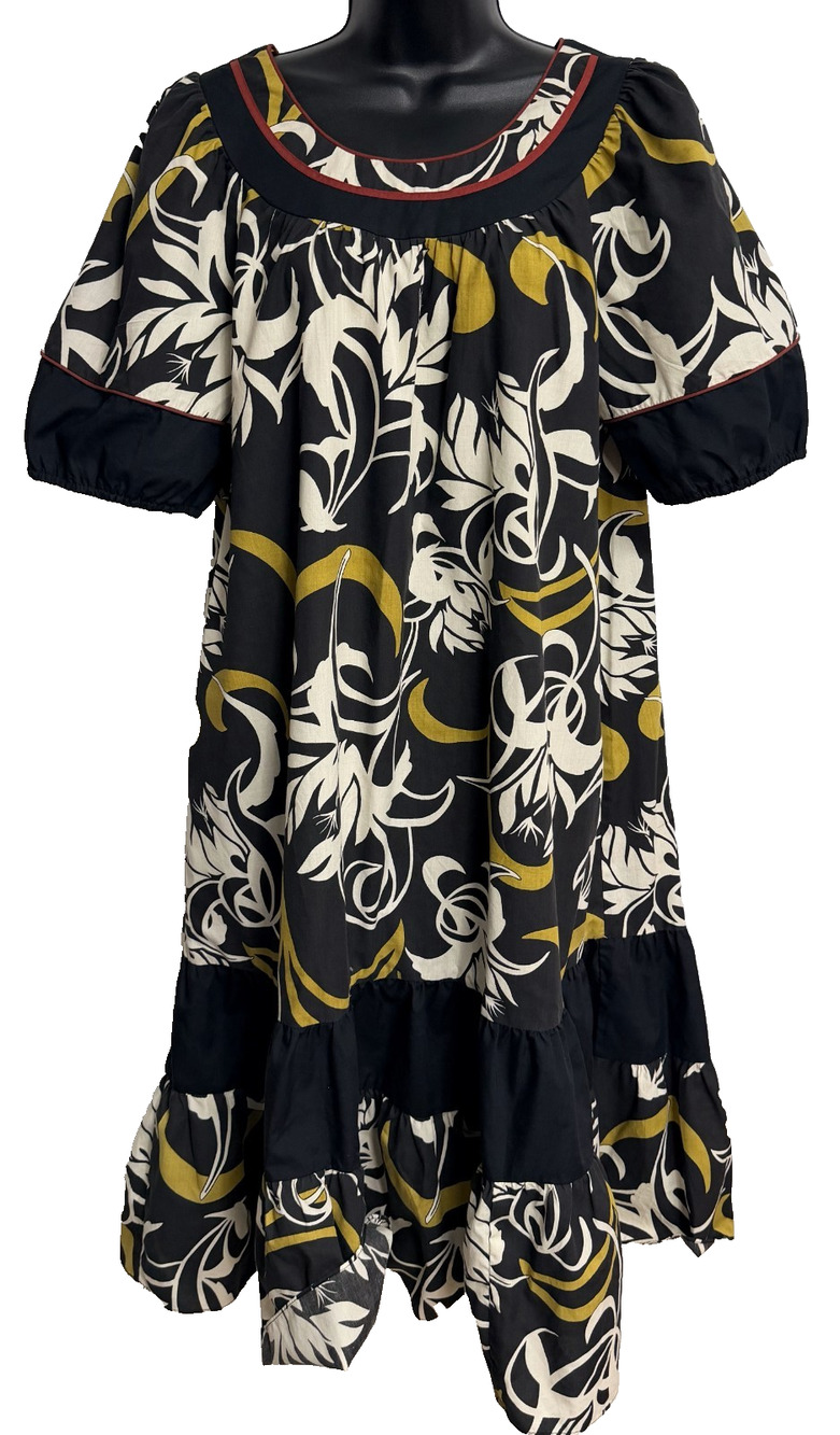 VTG Karyl Kaye Hawaii Muumuu Dress Women's M Black Yellow Floral Tiered Tropical
